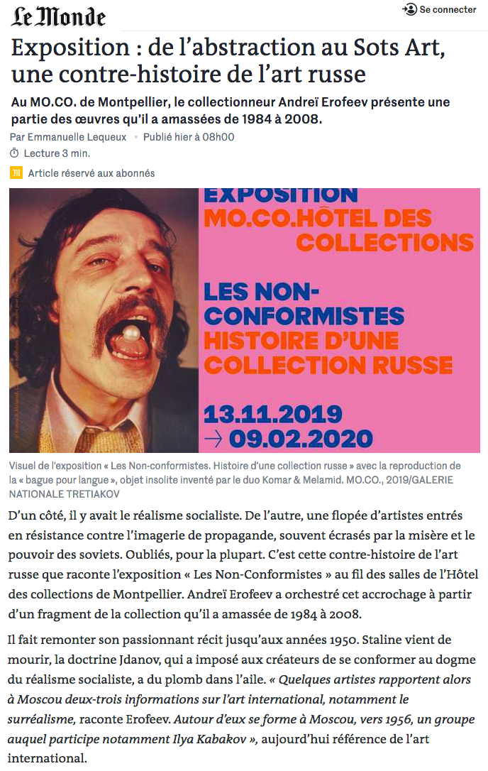 Page Internet. Le Monde. Exposition - de l|abstraction au Sots Art, une contre-histoire de l|art russe. 2020-01-06